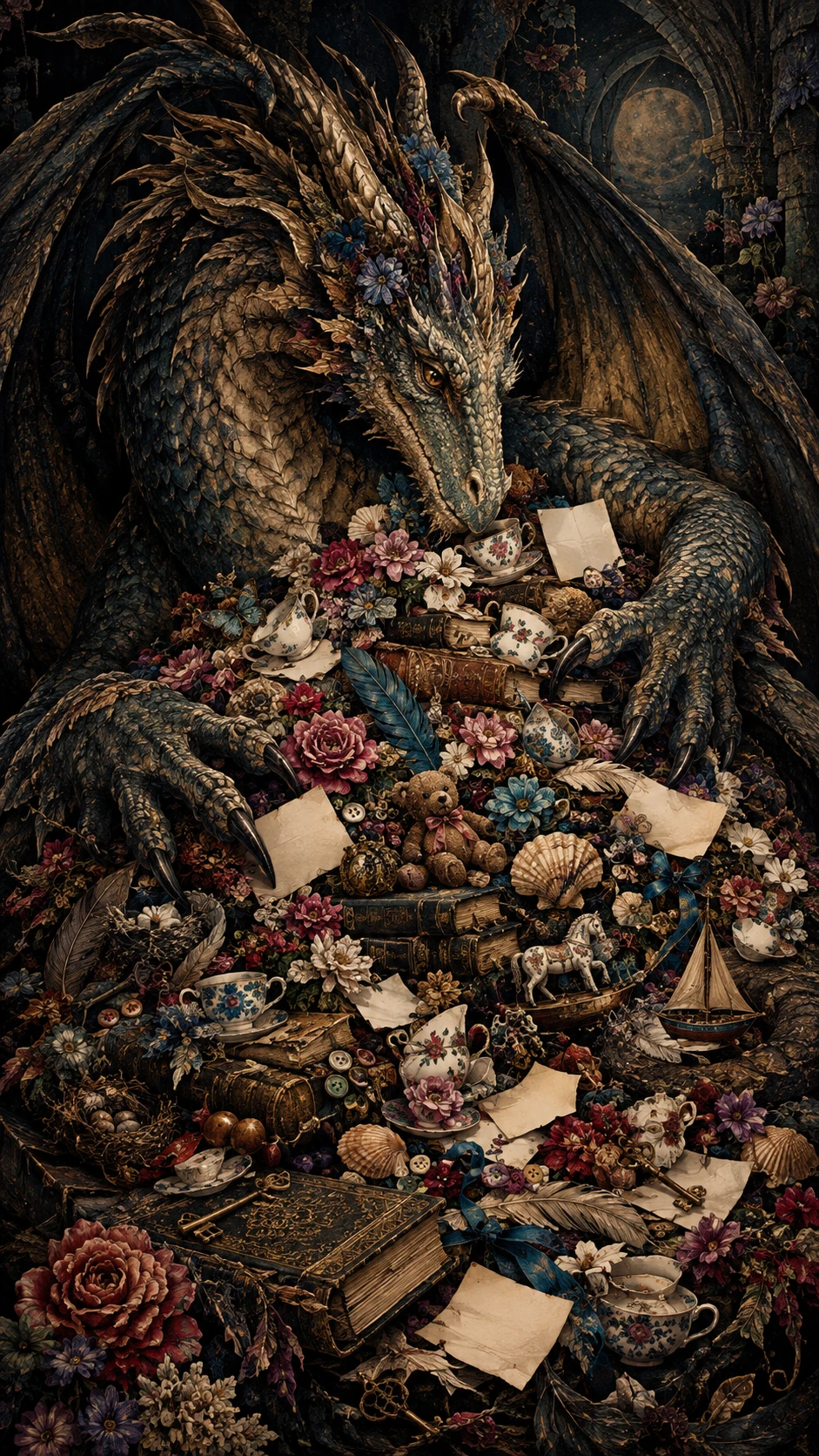 A dragon guards a towering hoard of sentimental treasures