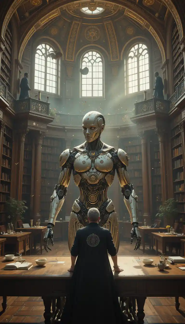 A brass robot teacher faces a symbol-covered blackboard in a library