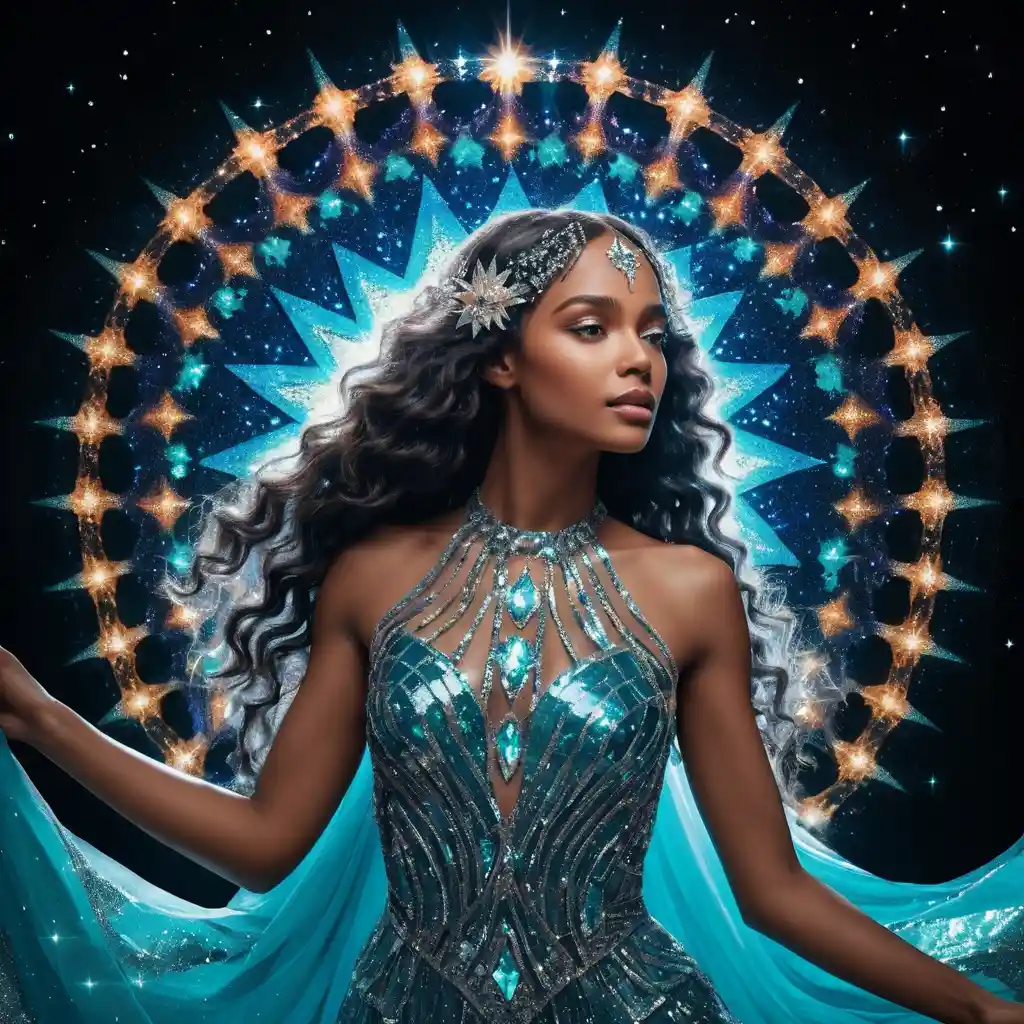 A celestial maiden surrounded by shimmering sequins beneath a starry cosmos