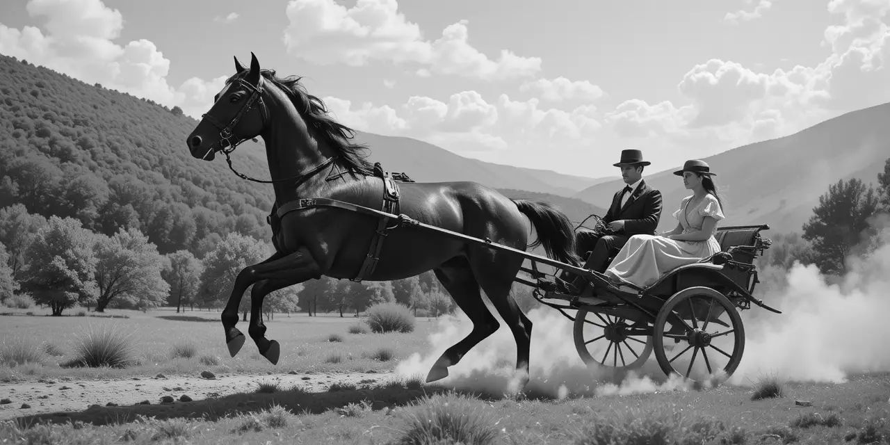 A galloping horse pulls a couple in a two-wheeled carriage
