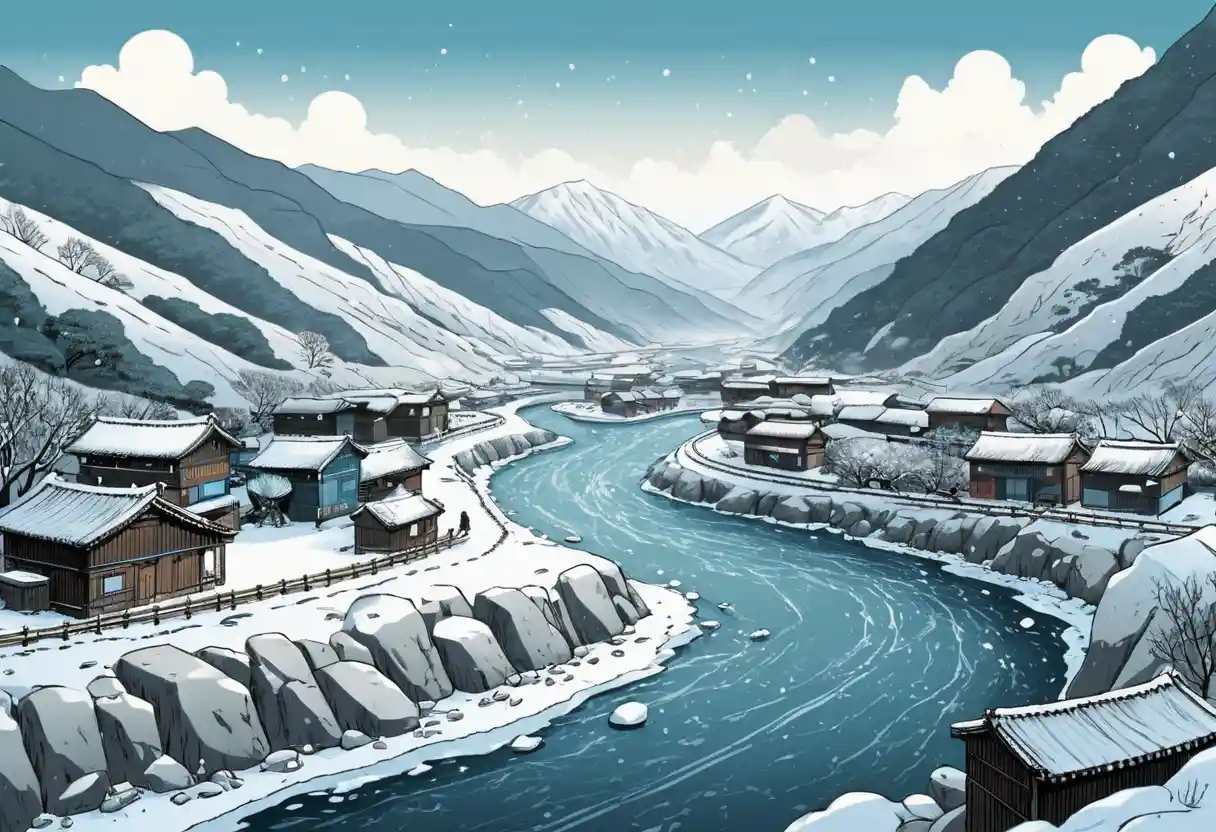 A Frozen River Beneath Snow-Covered Mountains in Korea