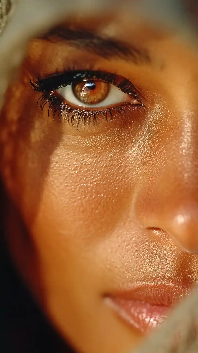 A close-up face with hypnotic eyes and deep berry lips