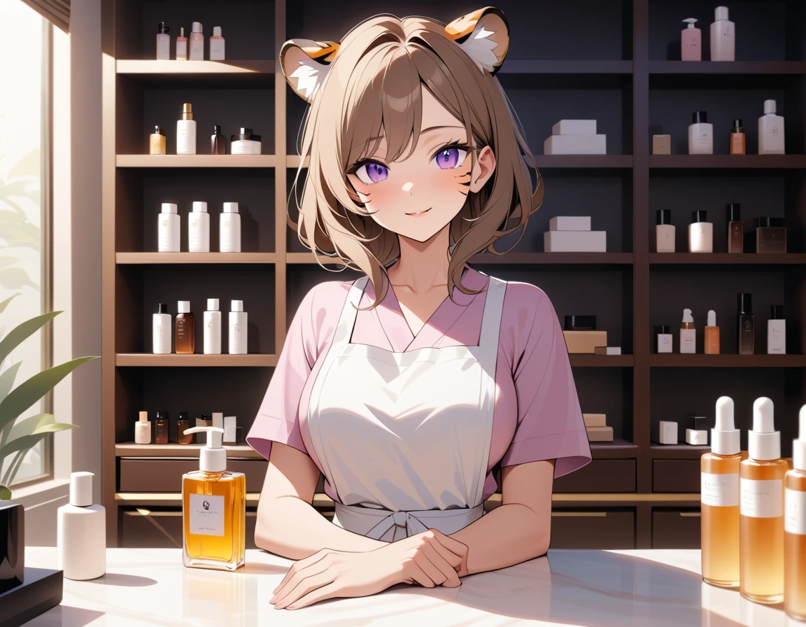 A mature tiger woman beautician smiles in a luxury beauty salon
