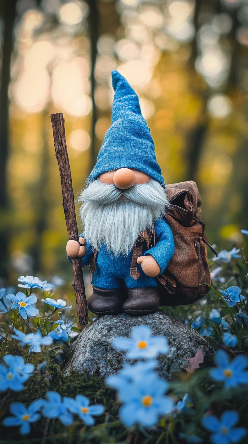 Ein bärtiger Gnom steht auf einem Stein zwischen riesigen blauen Waldblumen