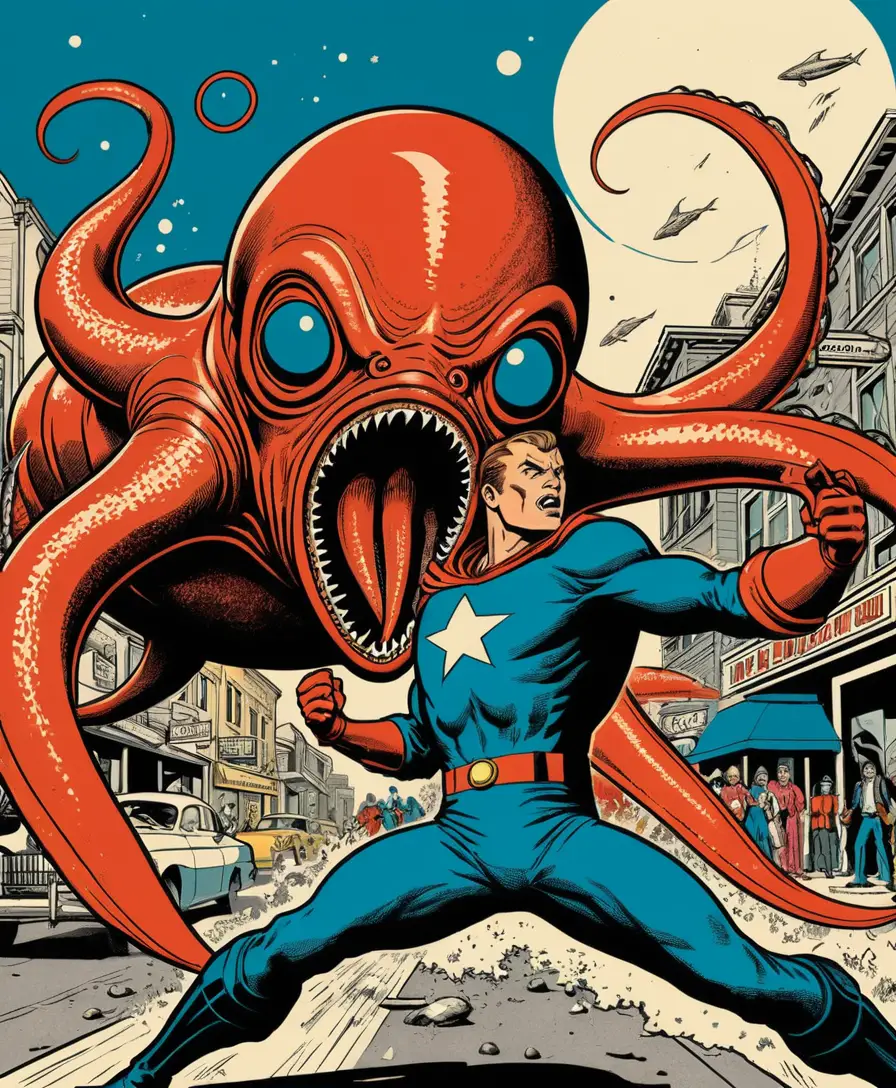 Um super-herói enfrenta uma lula gigante numa típica rua principal americana