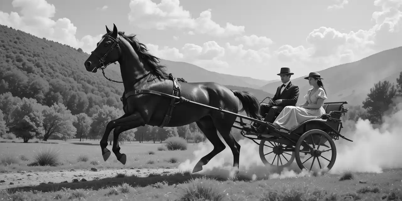 Un cavallo al galoppo traina una coppia su una carrozza a due ruote