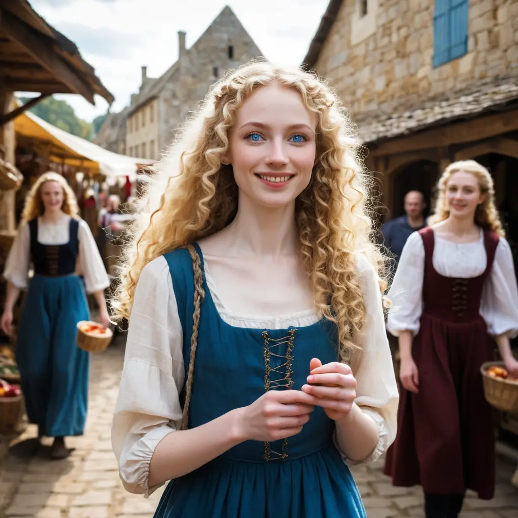 Eine junge Frau schlendert über einen mittelalterlichen Dorfmarkt