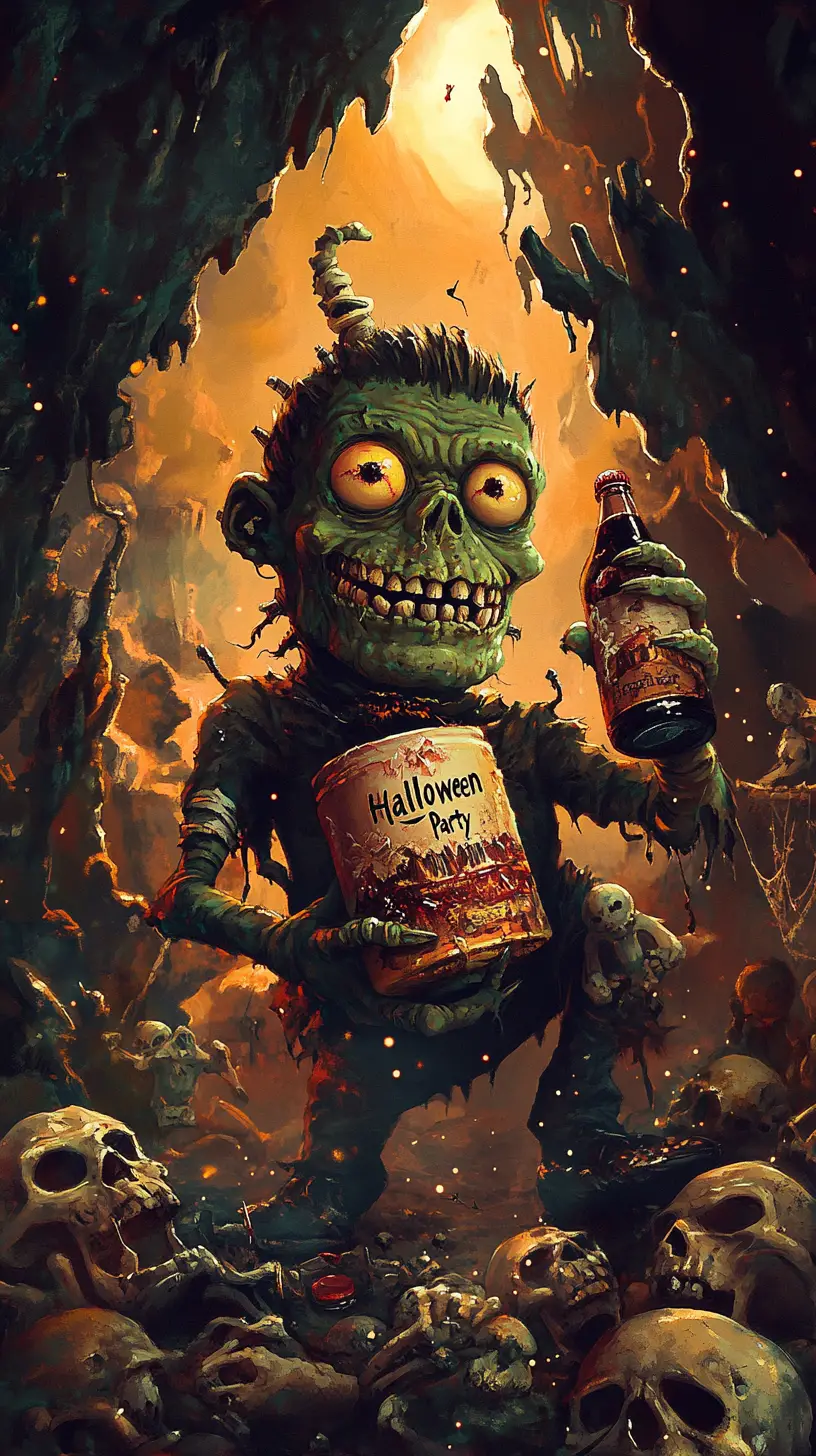 A Frankenstein monster holds a bottle of poisoned cola in a torchlit cave