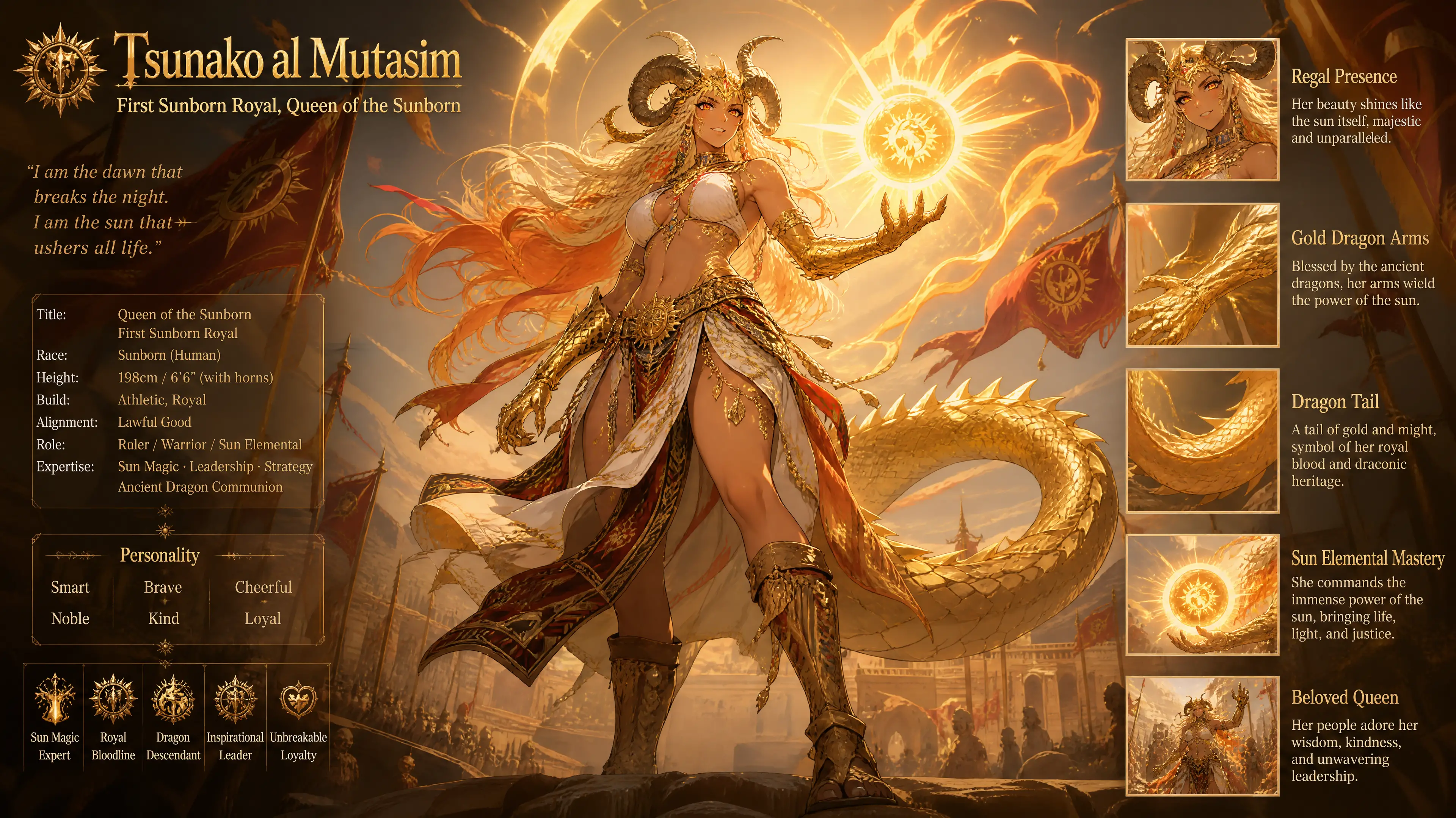 Eine Fantasy-Königin mit geschwungenen Hörnern, goldenen Drachenarmen und einem Schwanz
