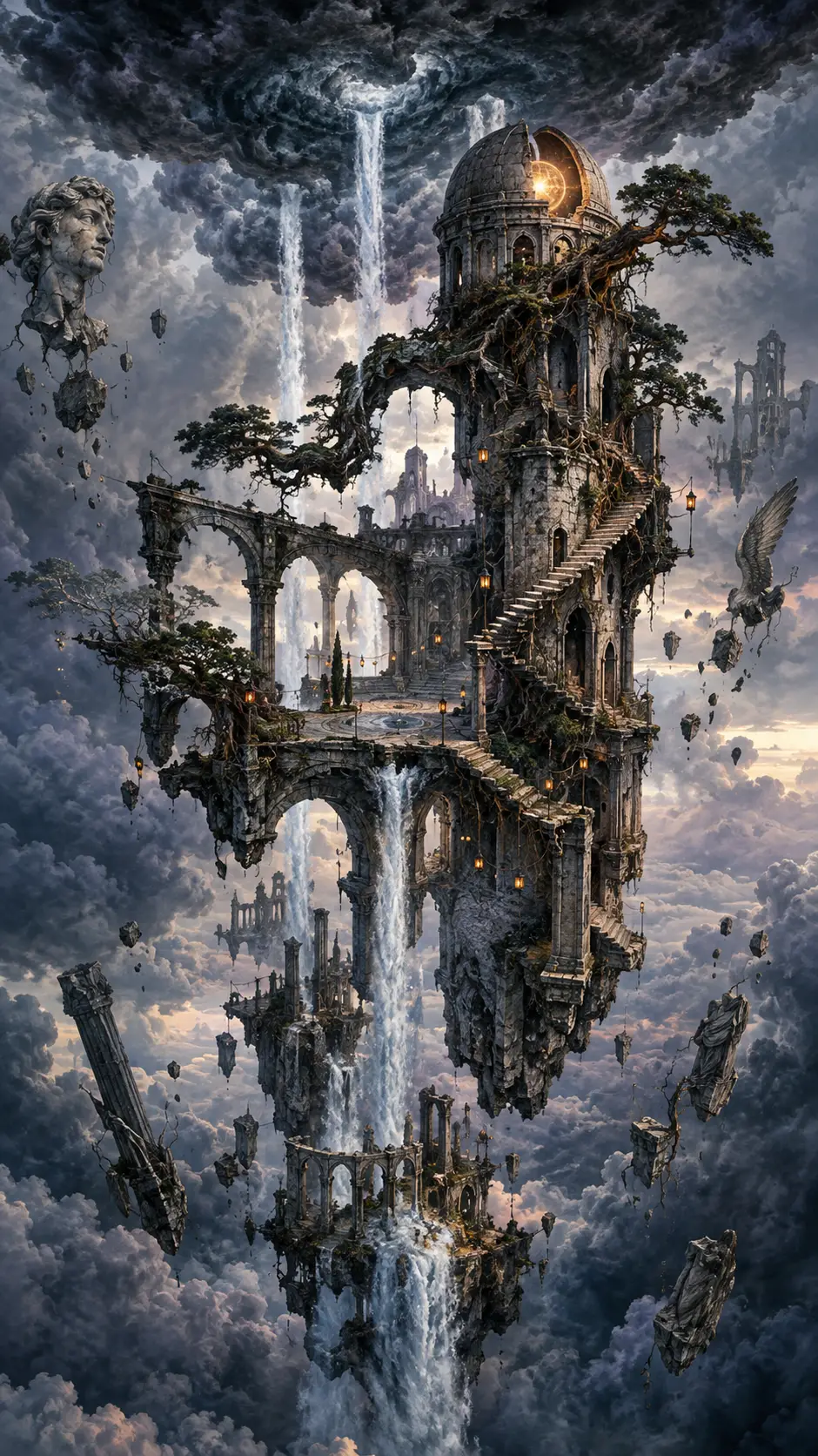 嵐の空の下、幻想的なファンタジー風景に浮かび上がる遺跡