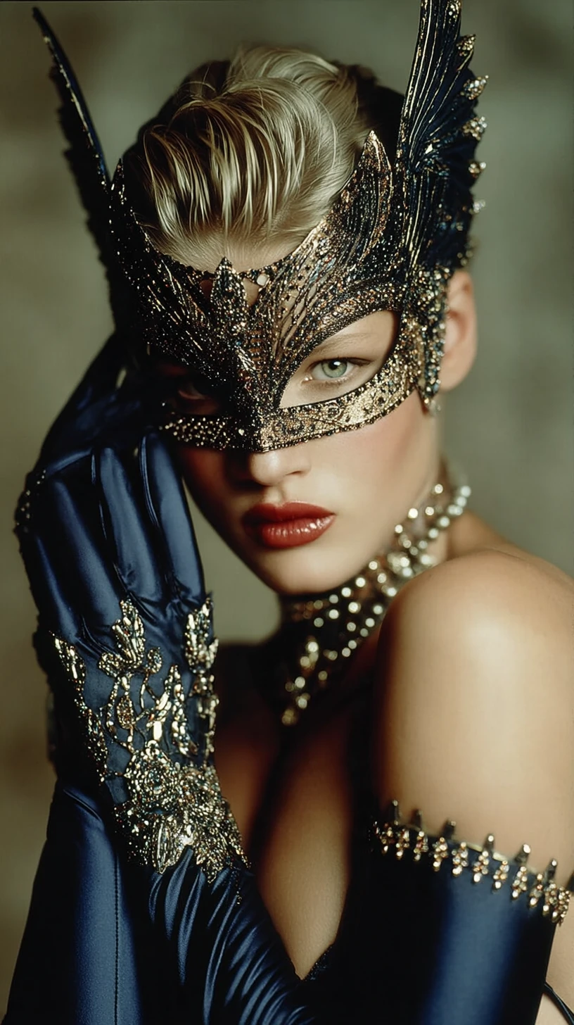 A Fashion Woman Plays With a Mask in a Detailed Setting