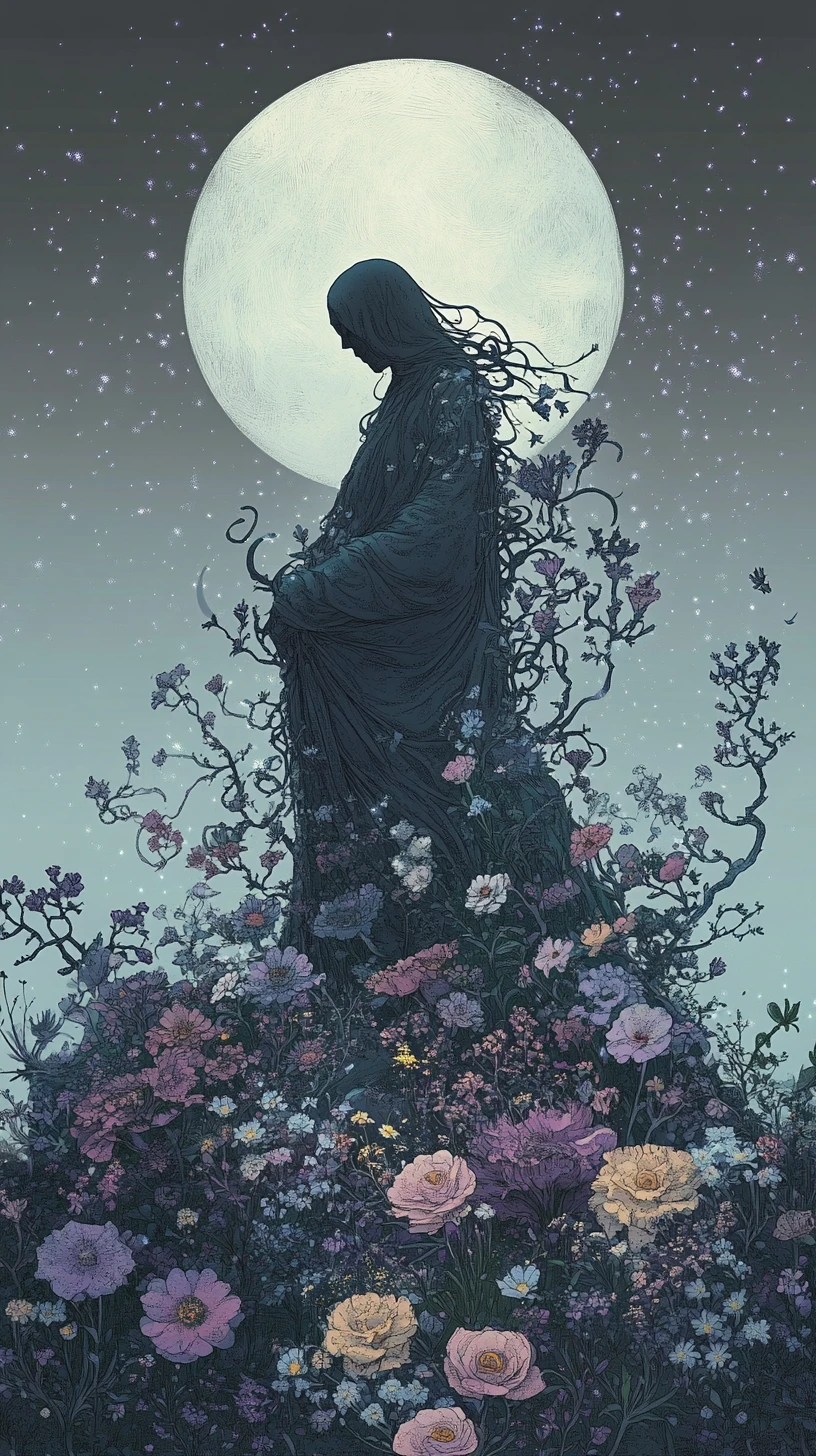 Une silhouette spectrale erre dans une vaste mer de fleurs nocturnes gigantesques