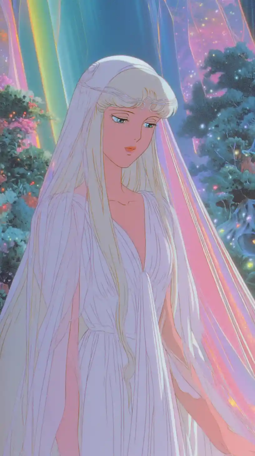 Una donna eterea in stile anime in un vasto paesaggio fantasy