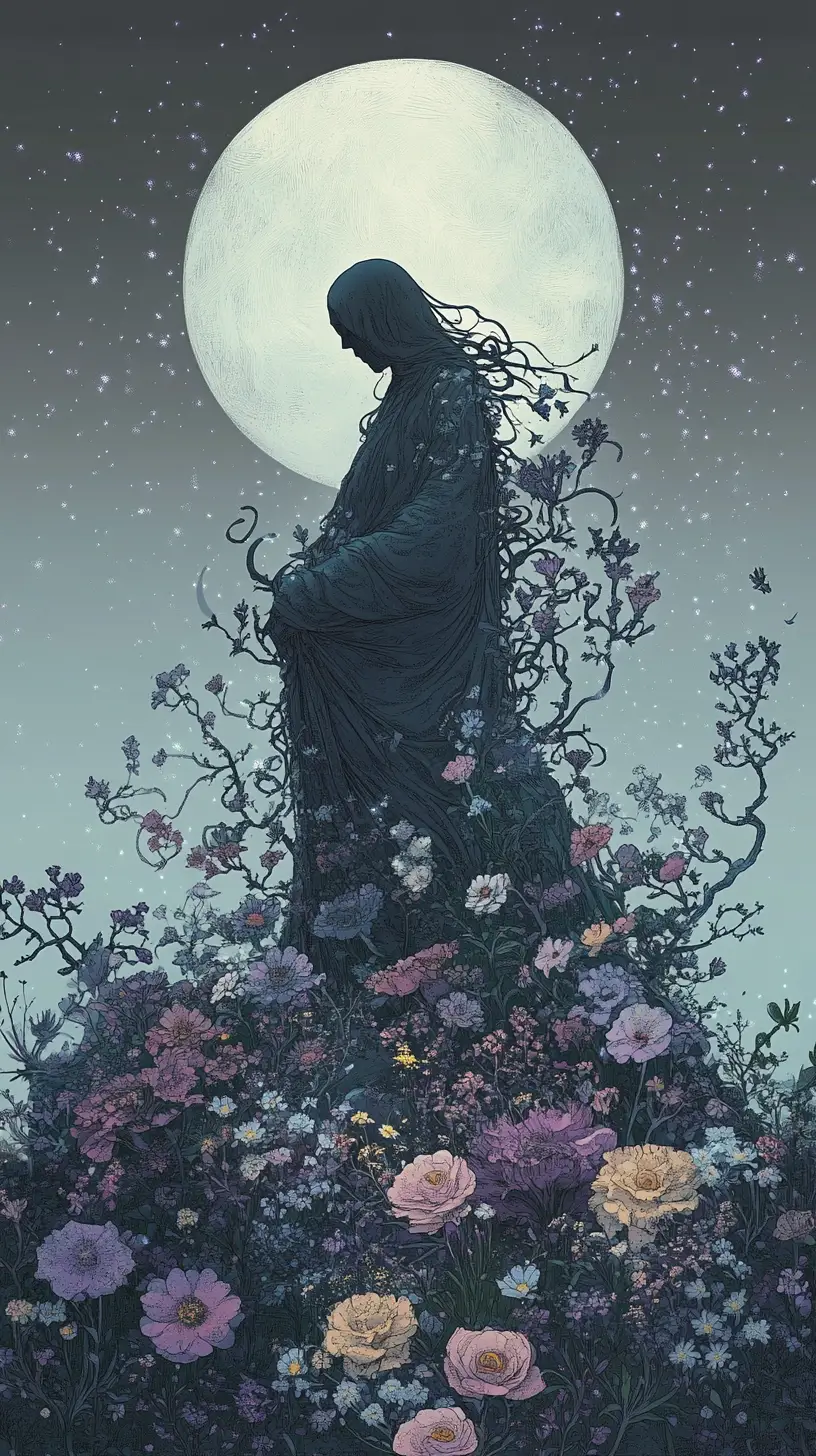 幽靈般的身影徘徊於高聳夜花綿延的遼闊花海