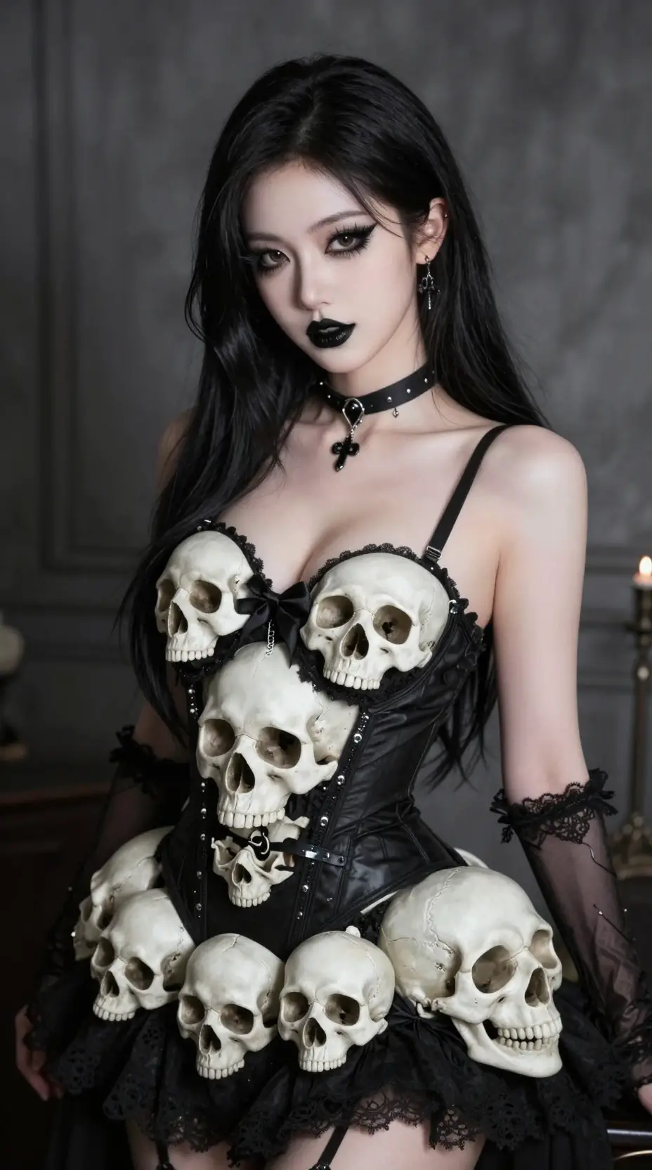 Une gothique cosplaye Witchblade dans une robe faite de crânes