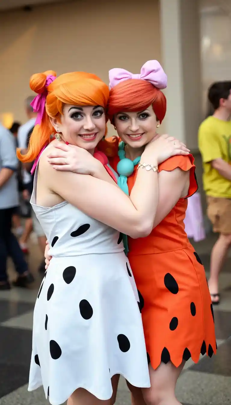 Deux femmes s'embrassent en cosplay de Wilma Flintstone et Betty Rubble