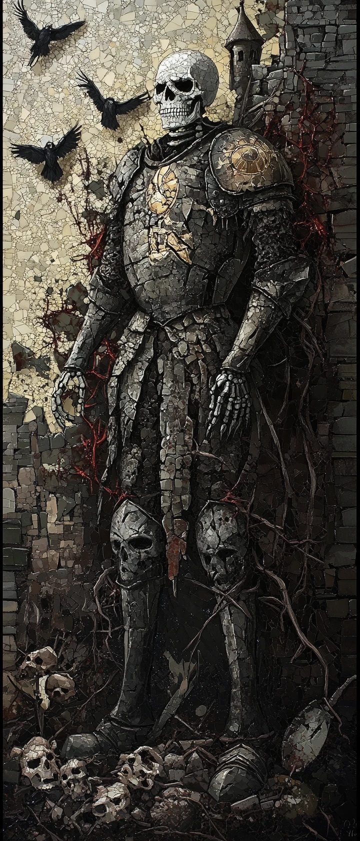 Ein skelettierter Ritter in Mosaikrüstung stellt sich einer zerfallenden Geisterburg