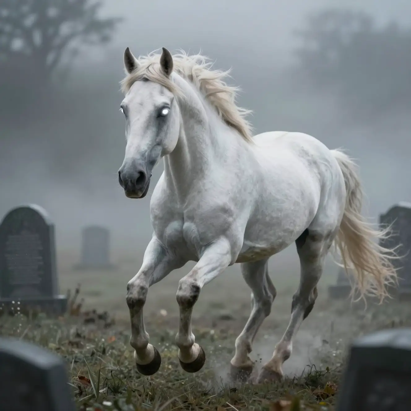 A Pale Horse Sprints Through Graveyard Fog With Glowing White Eyes