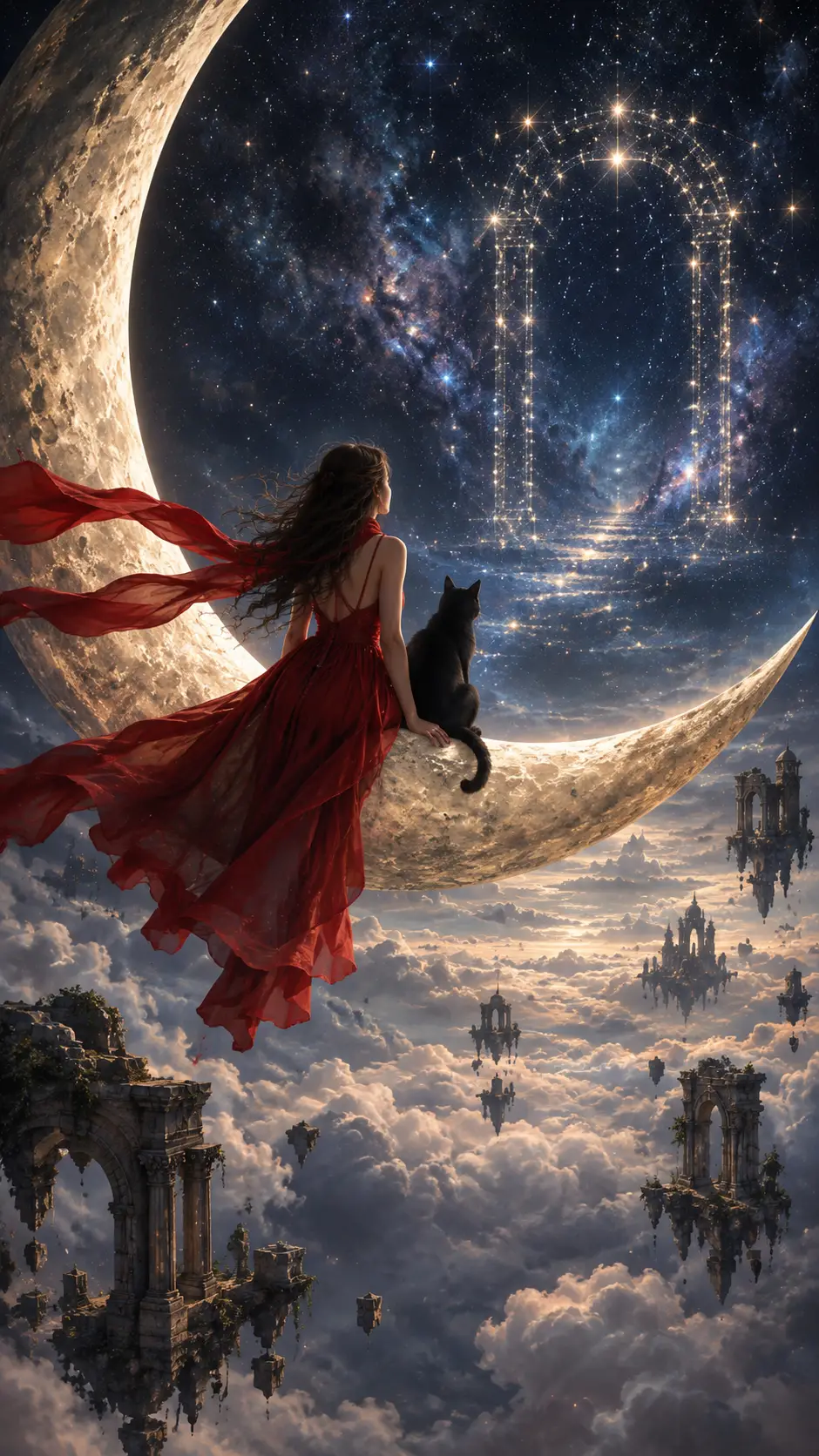 A young woman sits on a crescent moon above a sea of clouds