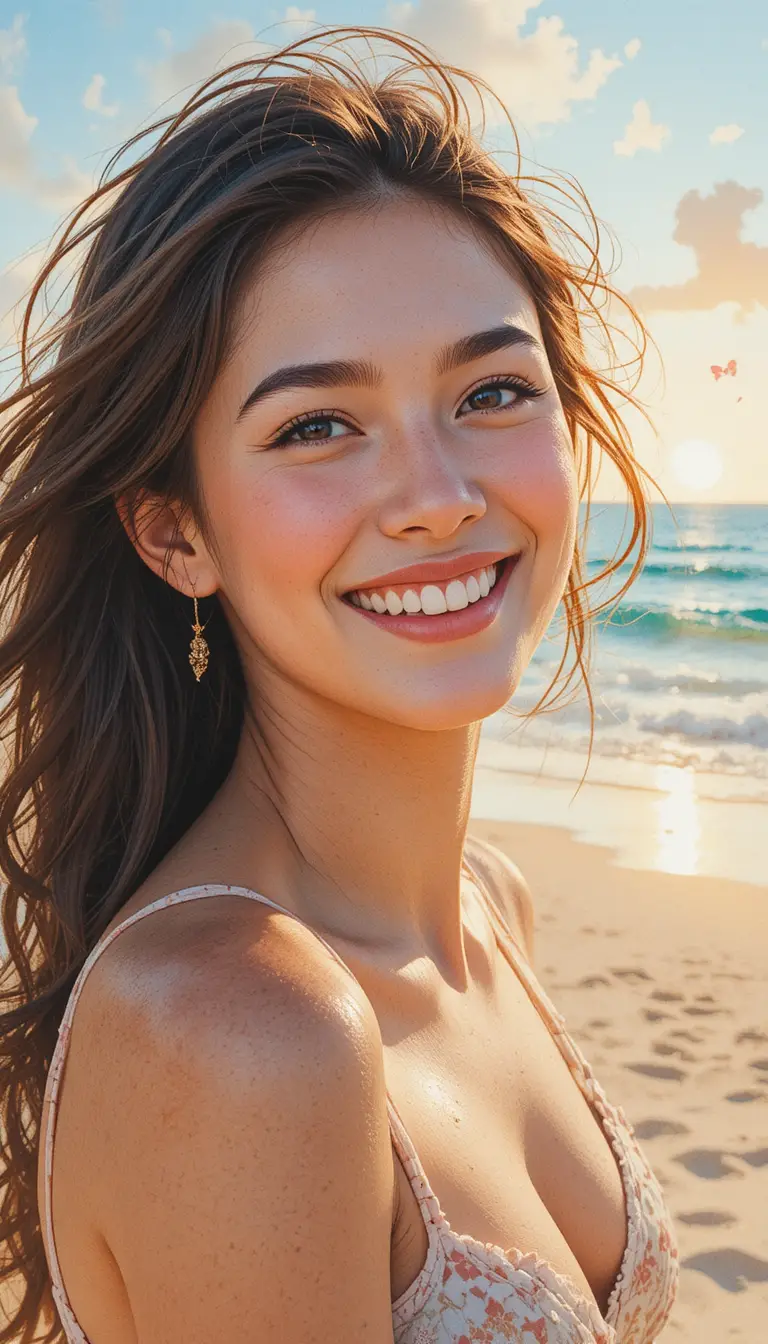 Porträt einer lächelnden Frau am Strand bei Sonnenuntergang im Aquarellstil
