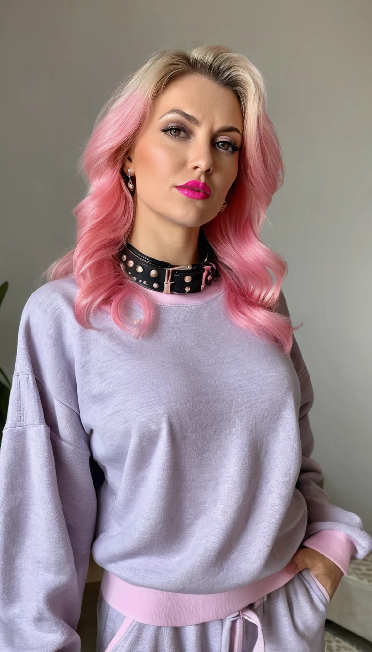 Eine Frau mit stacheligem rosa Haar, Sweatshirt und Pyjamahose