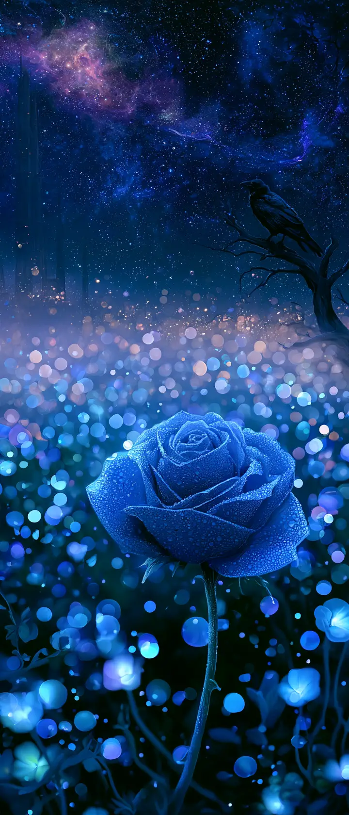 Una rosa coperta di rugiada brilla di notte in un campo di fiori bioluminescenti