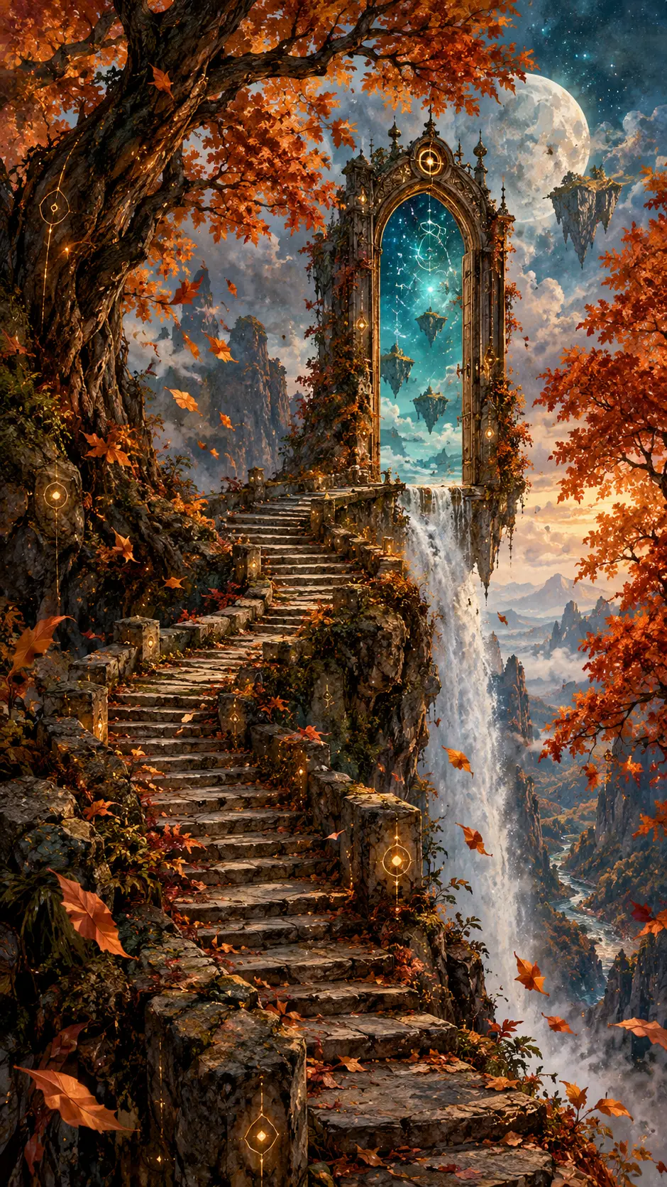 Eine uralte Steintreppe schlängelt sich durch eine herbstliche Schlucht zu einem kunstvoll verzierten Eingang