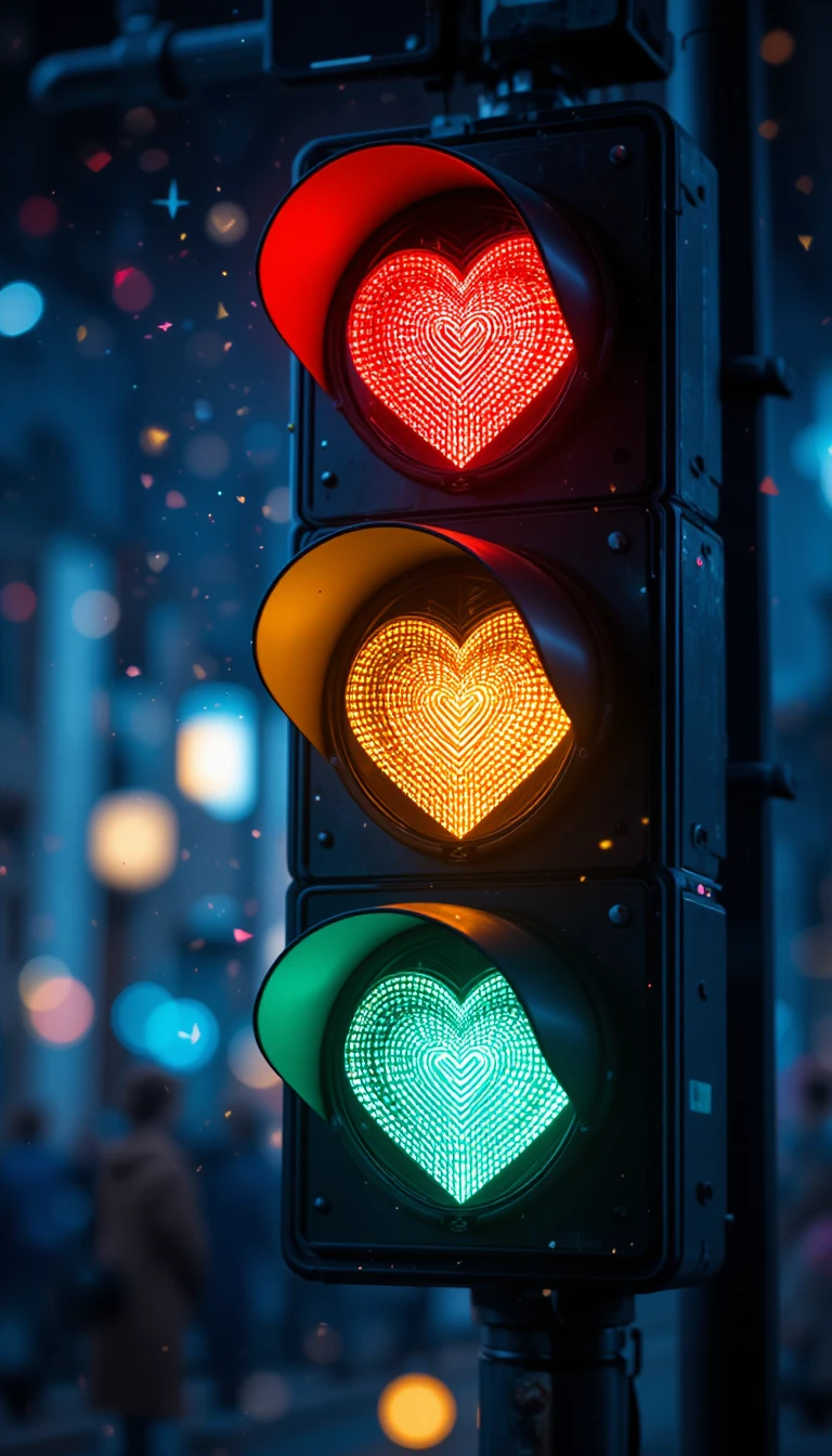 Un semaforo a forma di cuore brilla tra scintille e piccoli cuori