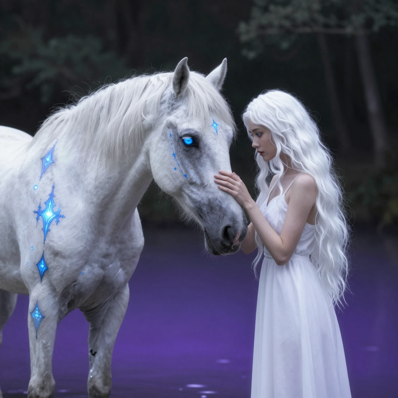 Um cavalo branco com olhos azuis brilhantes e padrões góticos em uma floresta escura