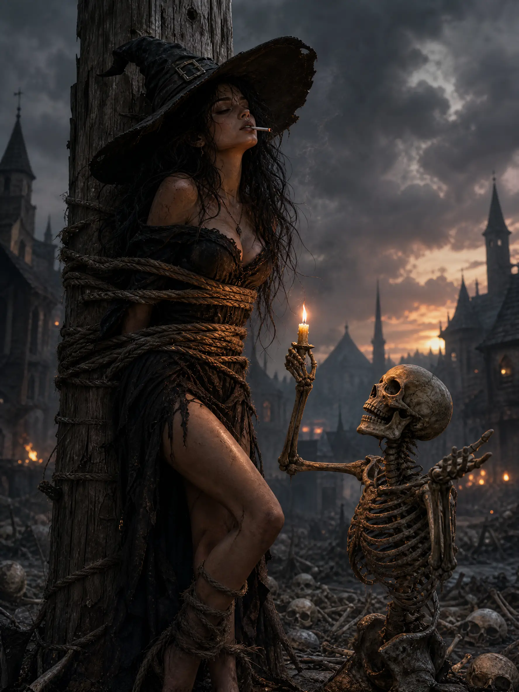 A Bound Witch Faces a Candlelit Skeleton in a Medieval Village