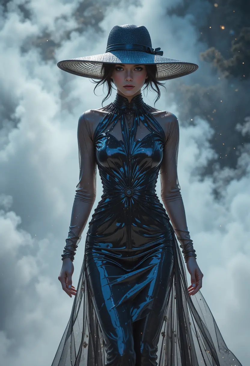 Eine Frau in einem Kleid aus flüssigem Gel geht durch einen Nebel aus winzigen Blöcken