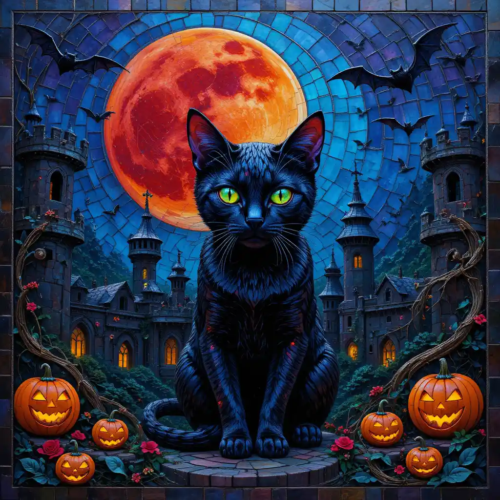 A mosaic black cat stares beneath a blood moon above a haunted castle