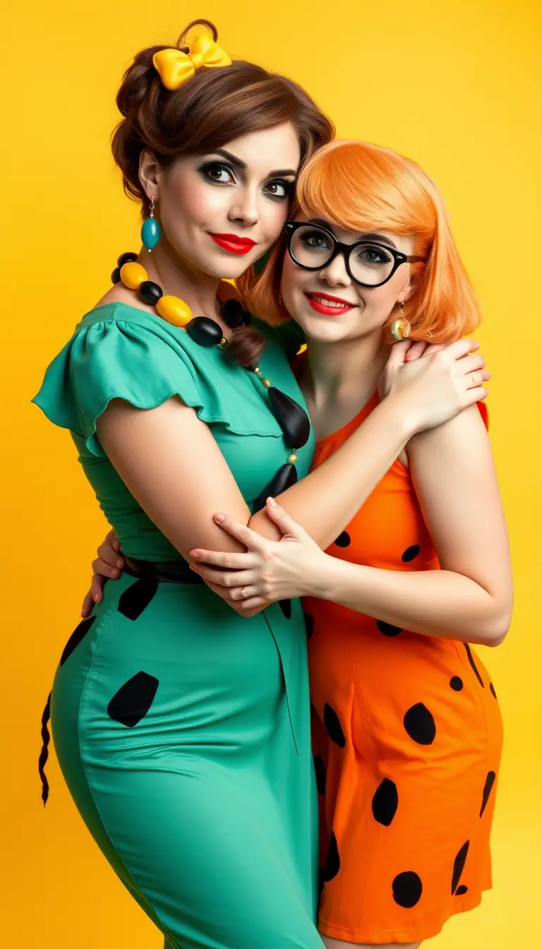 Deux femmes s’embrassent en cosplay de Wilma Flintstone et Betty Rubble