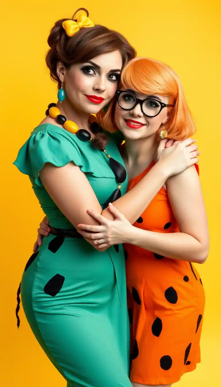 ウィルマ・フリントストーンとベティ・ラブルのコスプレ姿で抱き合う2人の女性