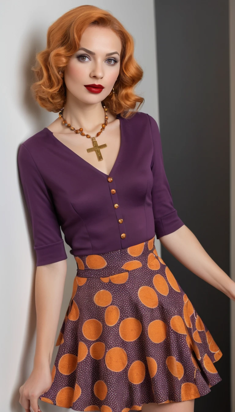 Uma mulher usa uma blusa roxa com uma saia rodada floral