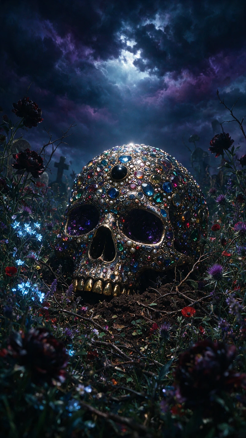 A jeweled skull half buried among wildflowers in a garden