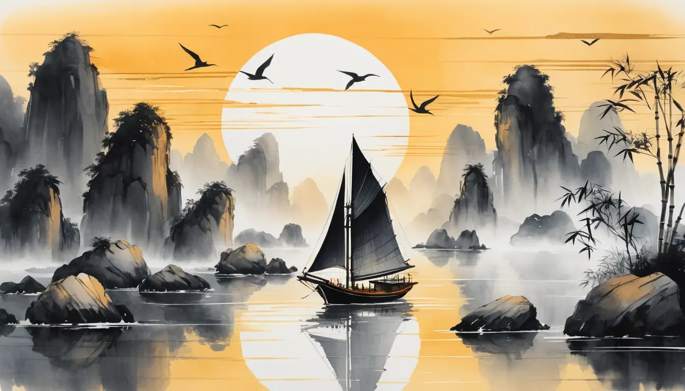 Ein Segelboot bei Sonnenuntergang in einer stillen chinesischen Tuschelandschaft