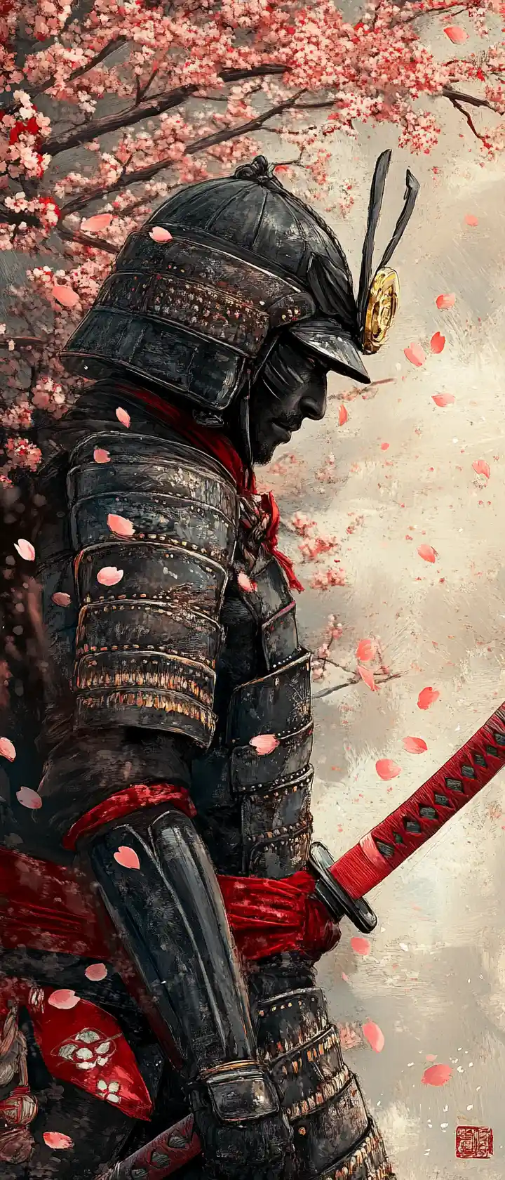 A samurai warrior stands before an ancient cherry blossom tree