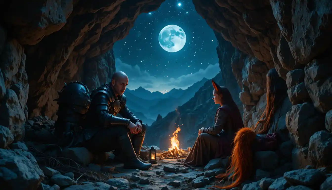 A Warrior and Fox-Eared Mage Share a Cliffside Shelter Beneath the Stars