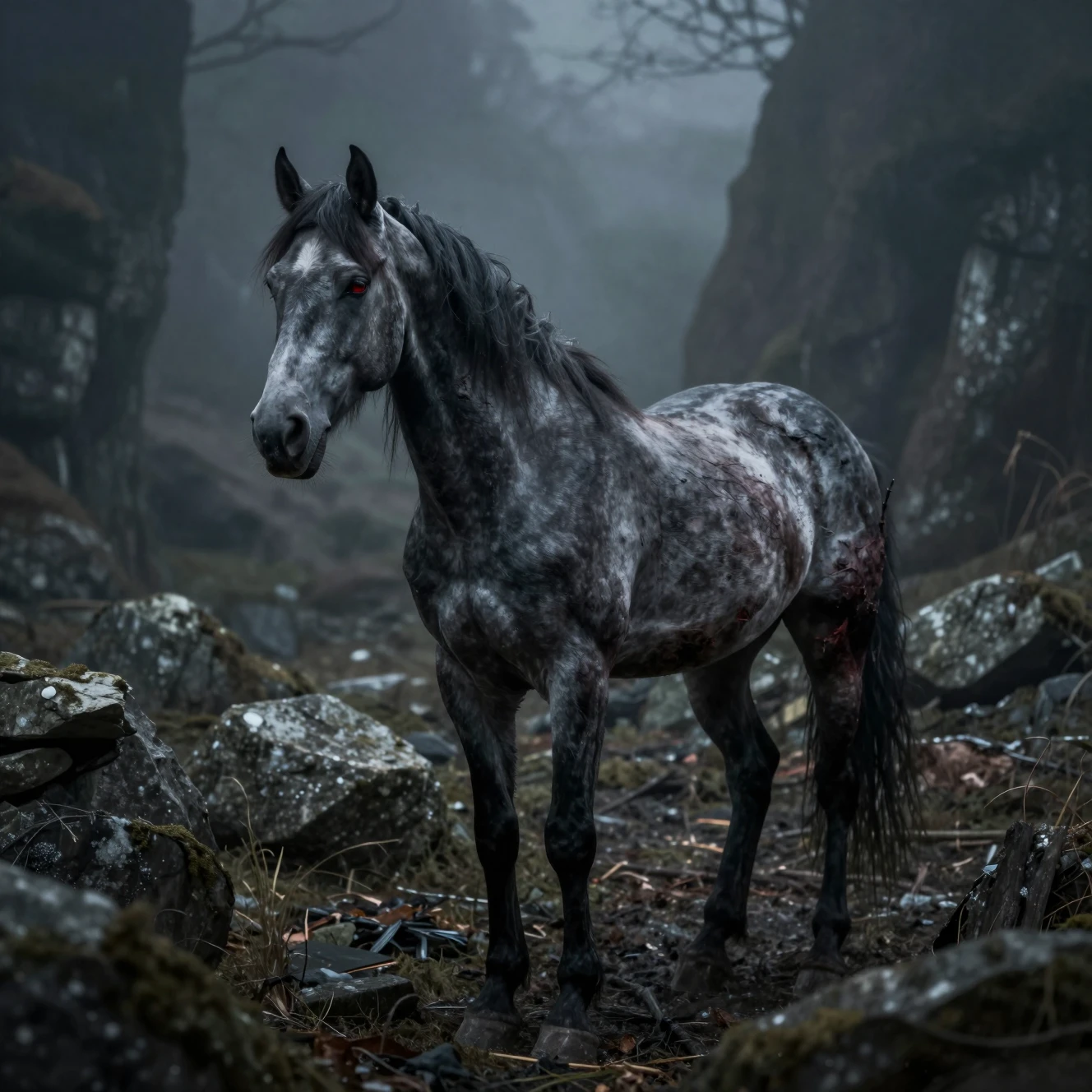 Ein verwesendes graues Pferd trabt durch ein steinernes Tal im dichten Nebel