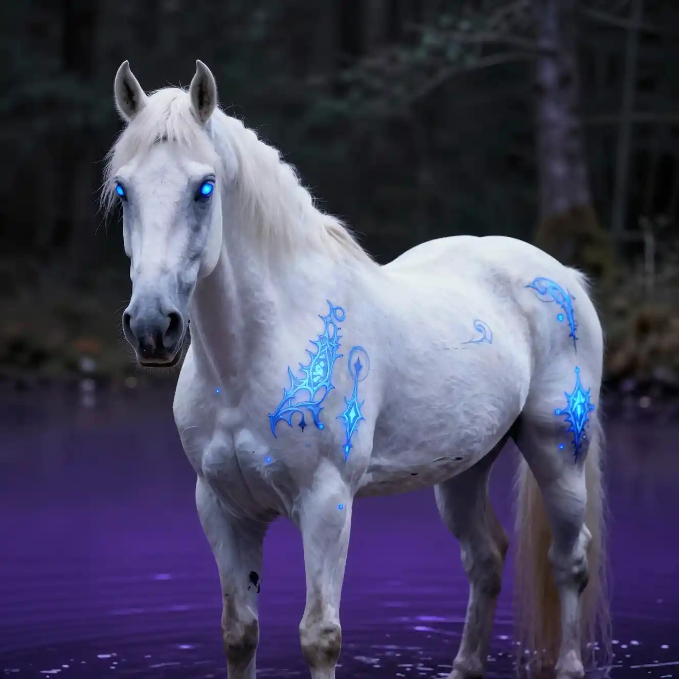Ein weißes Pferd steht in einem leuchtend violetten See vor einem dunklen Wald
