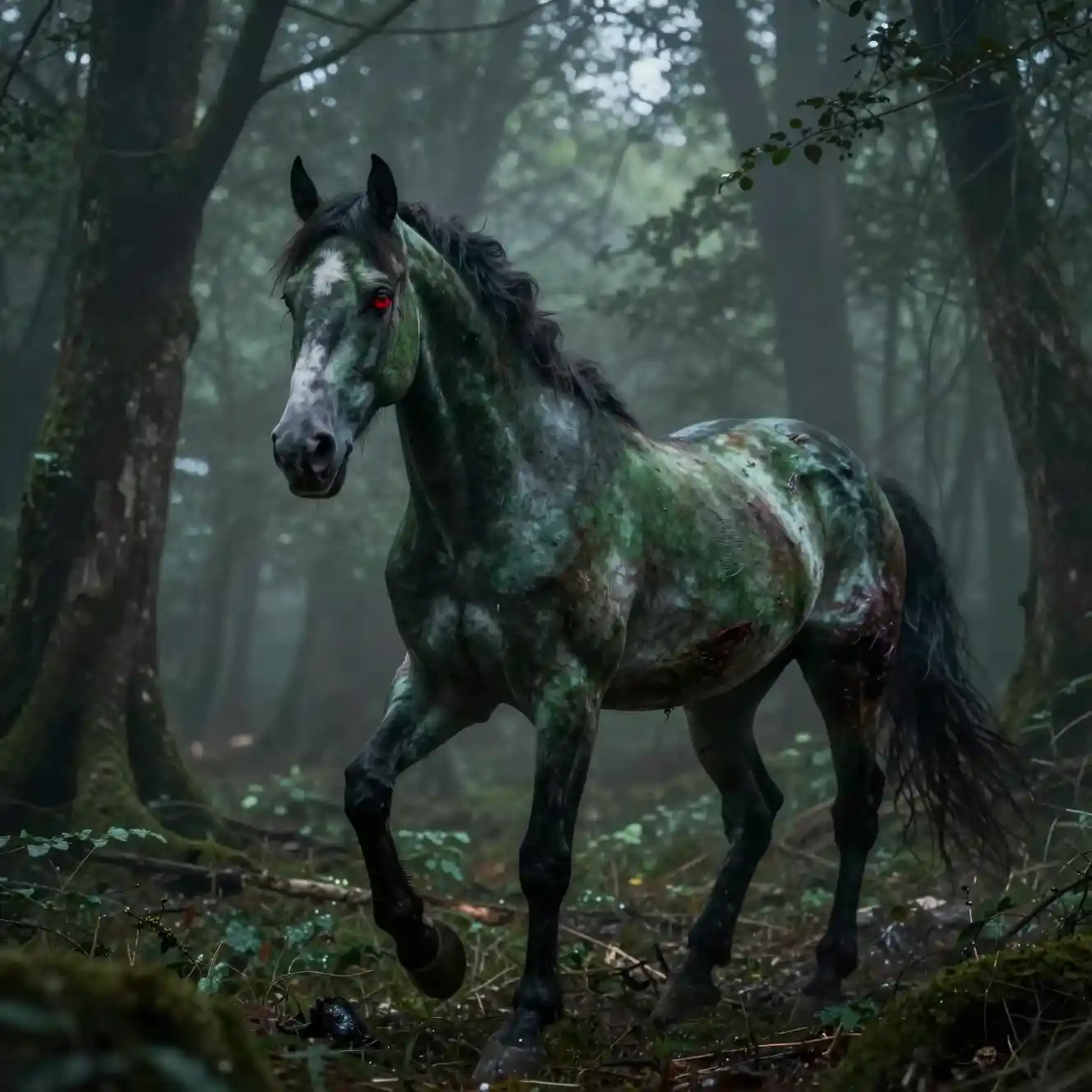 Un cheval d'un vert maladif trotte dans l'épais brouillard d'une forêt sombre