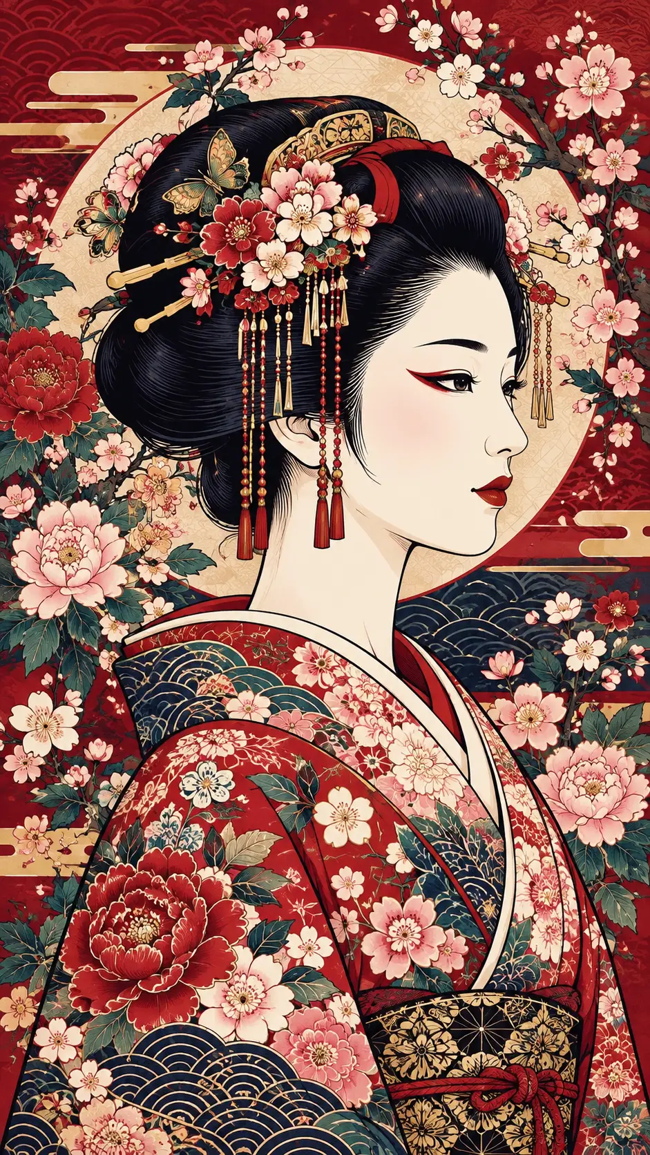 Porträt einer japanischen Geisha im geblümten Kimono mit filigranem Haarschmuck