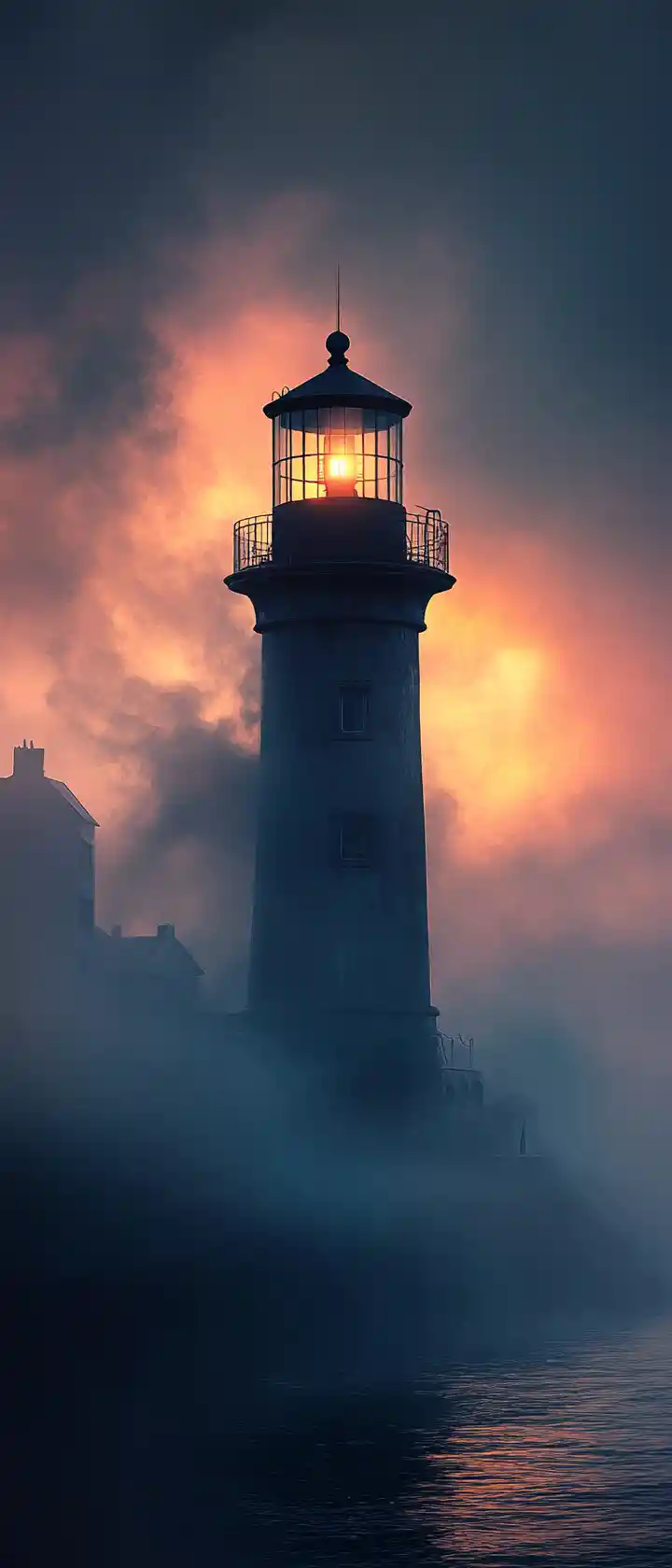 A lighthouse keeper tends his lamp as fog envelops a harbor town
