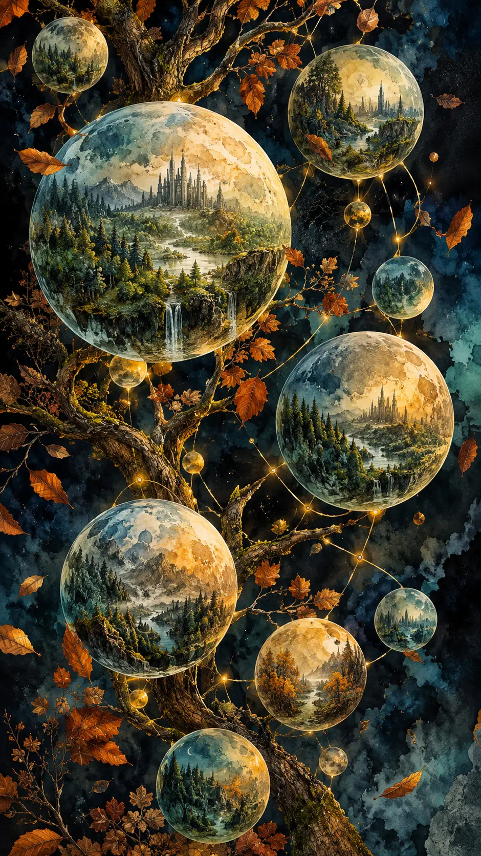 Ein surrealer Obstgarten aus durchscheinenden Kugeln zwischen verdrehten Herbstzweigen