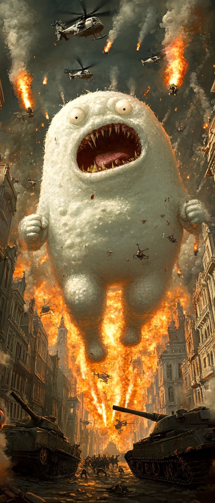 Ein kolossales Marshmallow-Monster entfacht Feuer in einer winzigen Metropole