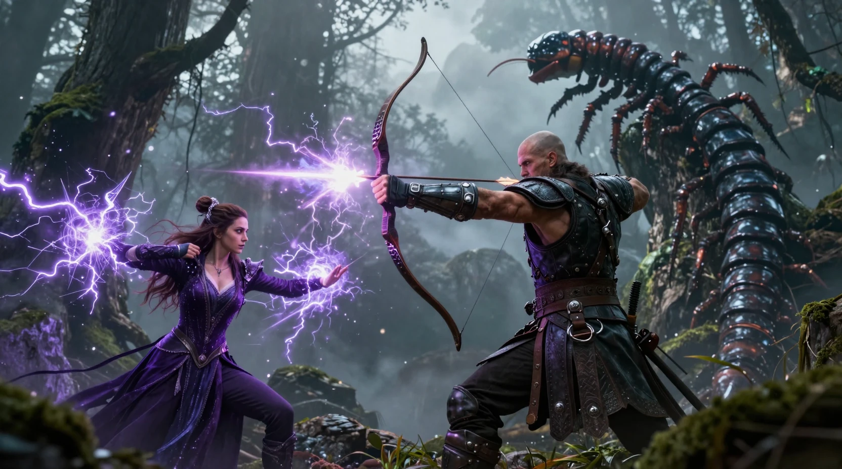 Warriors battle a giant centipede in a fog-shrouded mountain forest