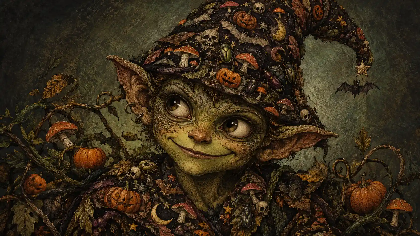 Ritratto di un goblin dispettoso incorniciato da rampicanti e minuscole zucche