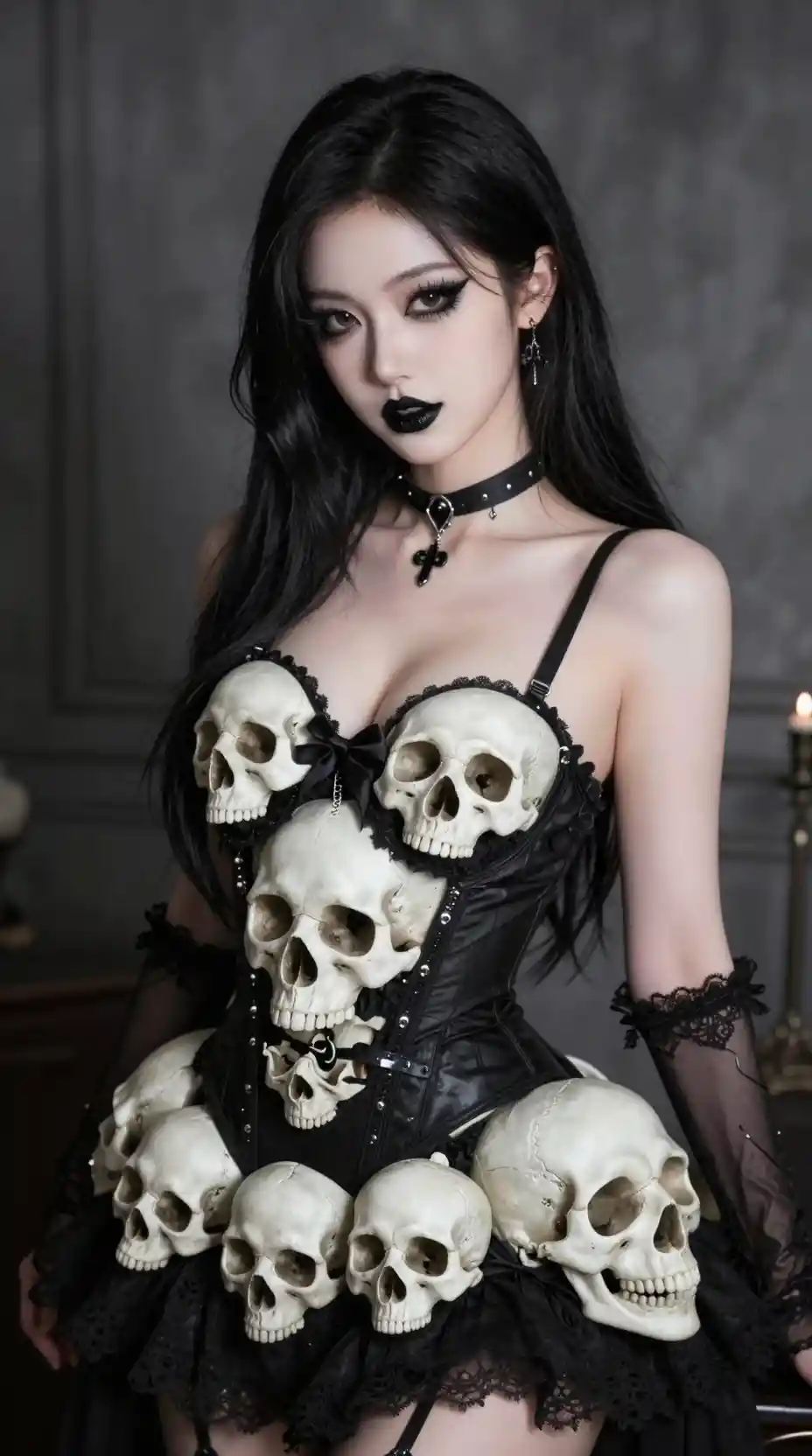 Une gothique cosplaye Witchblade dans une robe faite de crânes