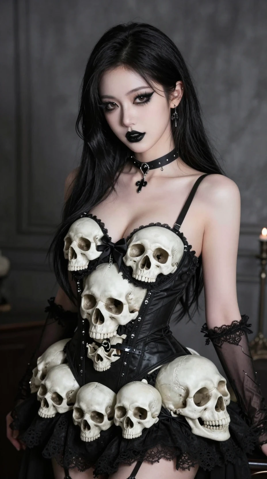 Une gothique cosplaye Witchblade dans une robe faite de crânes